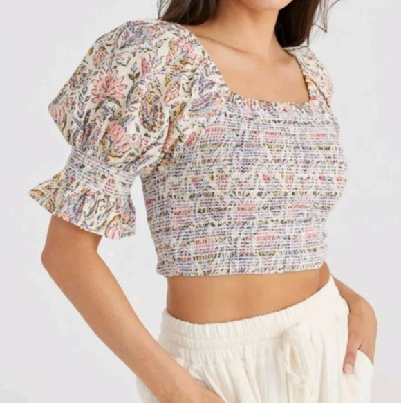 Talisman Square Neck Lotus Floral Print Smocked Firelight Cropped Top S - Picture 2 of 8